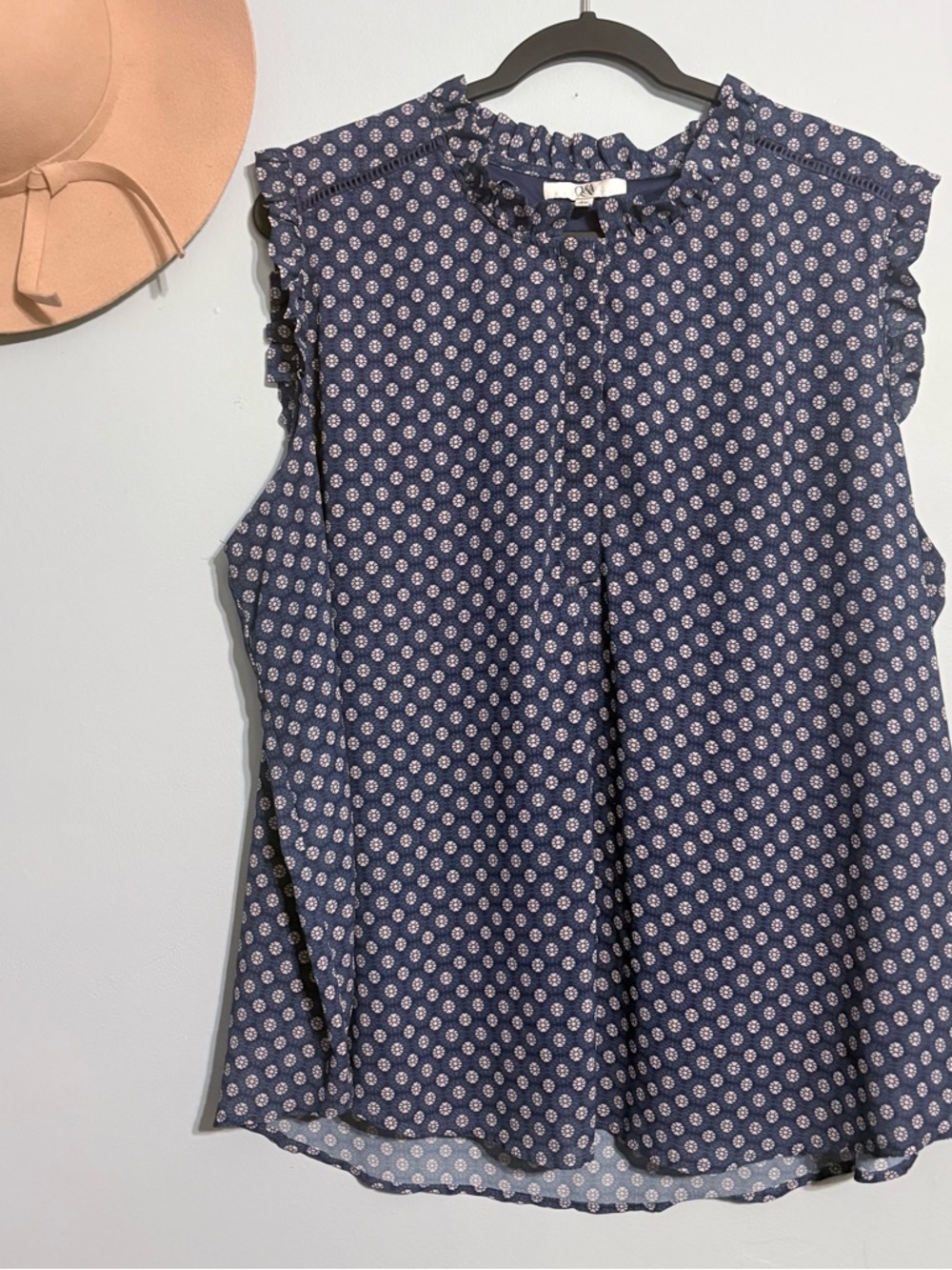 2X sleeveless blouse Q & A Navy Dot Ruffle Cap-Sleeve Blouse boho business